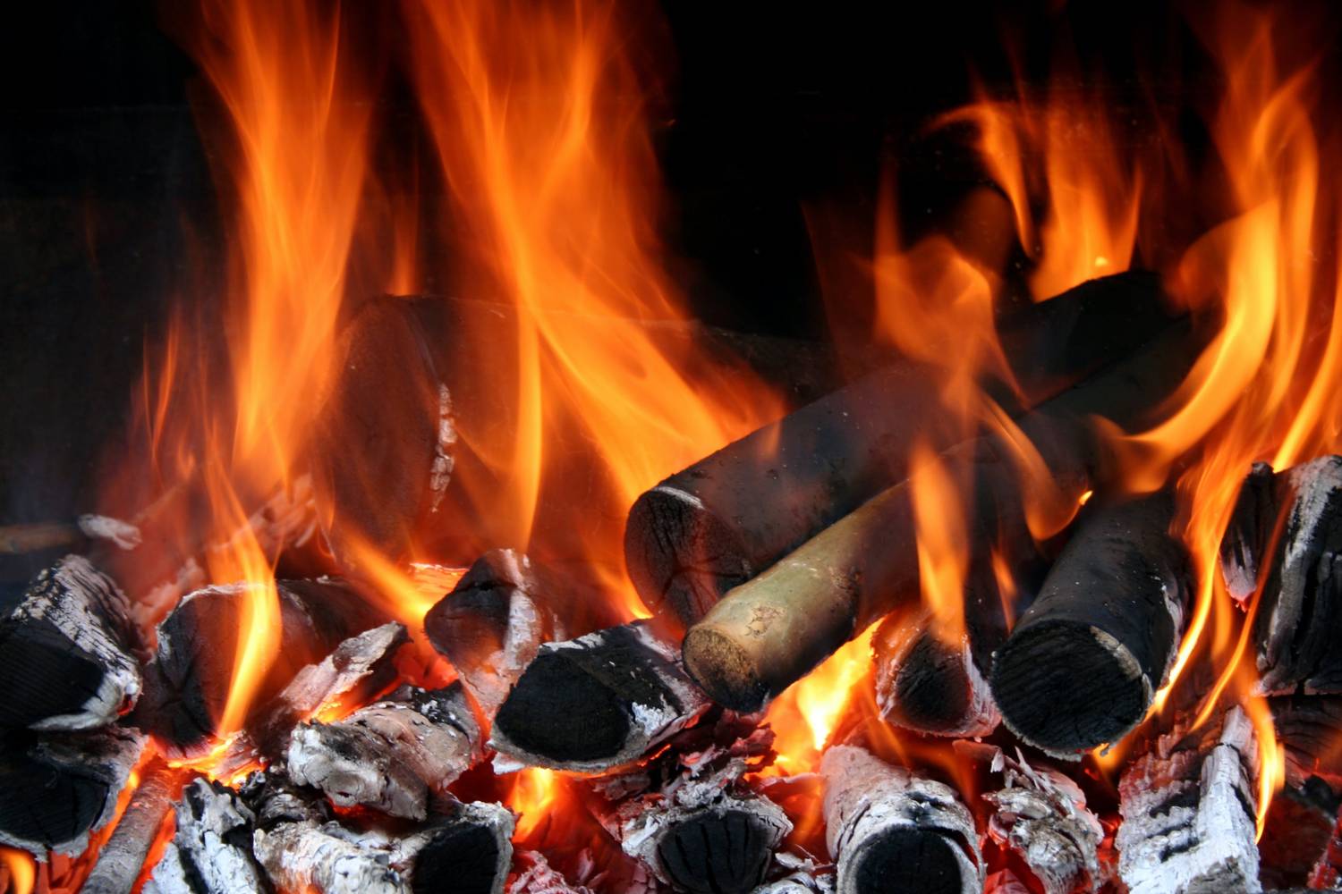 Hardwood logs burning in a roaring fire